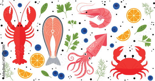 Seafood vector set, lobster crab shrimp squid salmon fish, fresh food ingredients, Vector Illustration