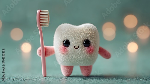 Cute fluffy tooth character holding a pink toothbrush with a happy expression cartoon