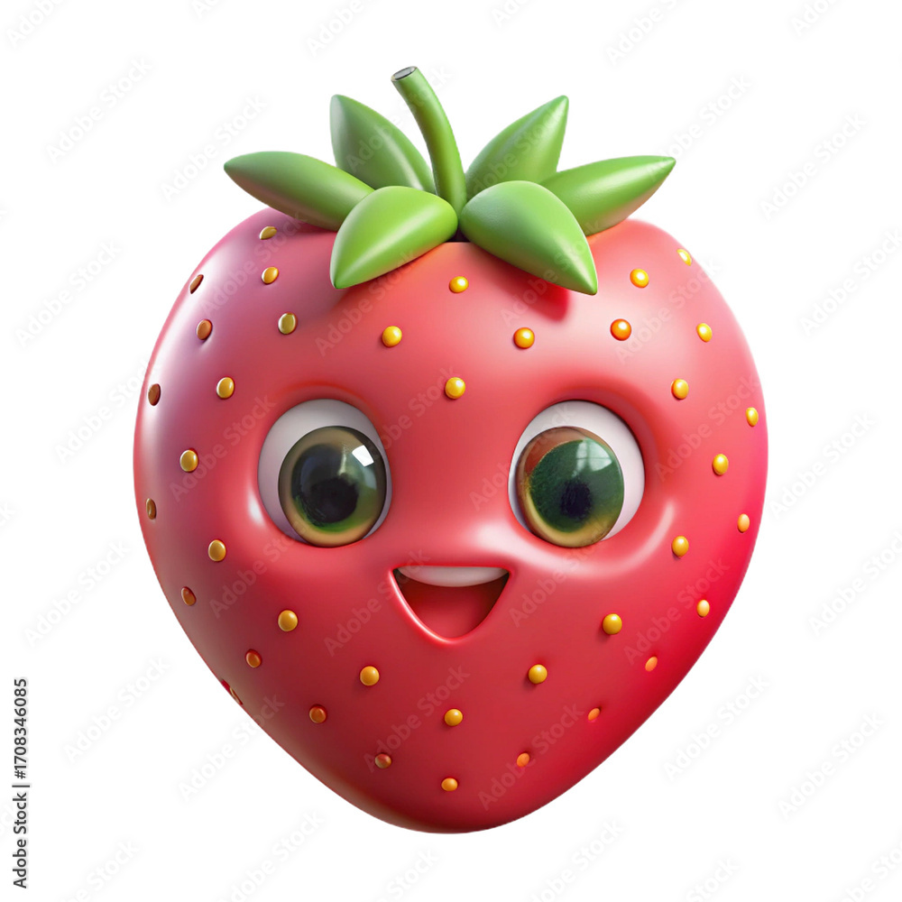Obraz premium Cute 3D Cartoon Strawberry Character with Big Eyes and Happy Smile fruit isolated on a transparent background