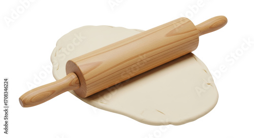 Isolated wooden rolling pin on flattened dough for baking homemade food preparation tools