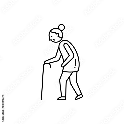 Elderly Person Walking with Cane, Line Art