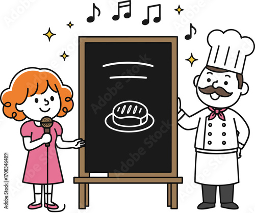 Cartoon chef and girl with microphone, blackboard bread illustration, cooking show scene, black and white vector, food presentation icon