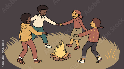 Diverse young friends gather around campfire enjoying an evening outdoors bonding and having fun together