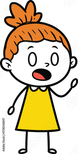 Cartoon child character with expressive face, red hair bun, yellow dress, black and white vector illustration, kids icon, speaking pose
