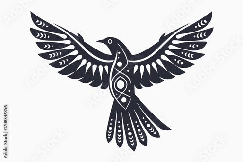 Stylized raven soars with intricately patterned wings spread wide, a symbol of mystic freedom