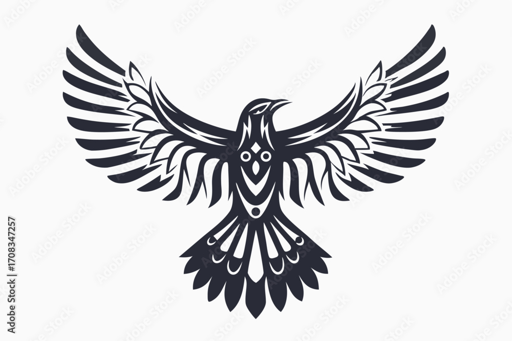 Obraz premium Stylized black raven soars upward with widespread wings against a white background