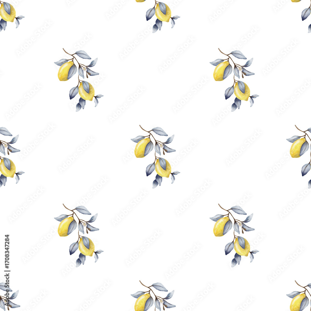Obraz premium Watercolor lemon pattern on white background for fabric and wrapping designs