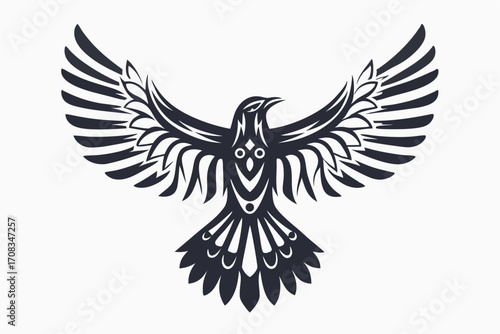 Stylized black raven soars upward with widespread wings against a white background