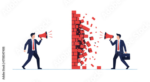 Businessmen breaking down communication barriers with megaphones for effective collaboration.
