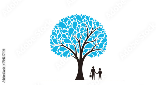 A silhouette of a parent and child holding hands beneath a tree. 