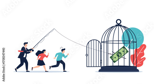People chasing money inside a birdcage.