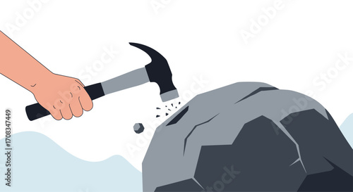 Hammer hitting a large rock to break it apart.