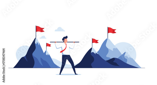 A businessman carrying a pole with flags across mountains representing challenges and goals.