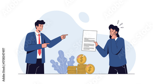 Business partners discuss financial document and money.