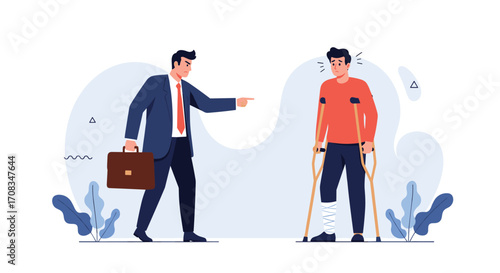 Manager scolds injured employee who is using crutches.