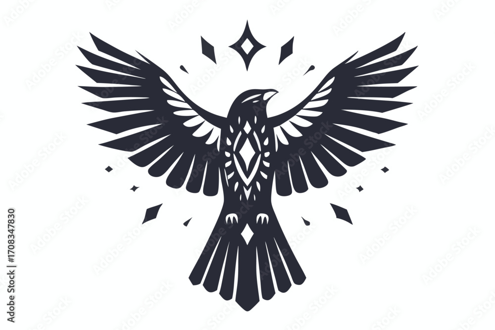 Fototapeta premium Stylized black bird is illustrated spreading its wings with diamond shapes above it