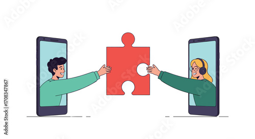 Connecting people through online puzzle pieces on phones.
