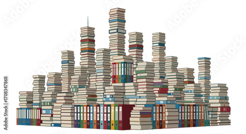 A cityscape built entirely from stacks of books and folders.