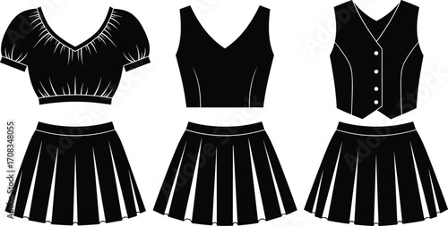 Fashion outfit set with pleated skirts and crop tops, black and white vector illustration, trendy clothing design, style icon, apparel