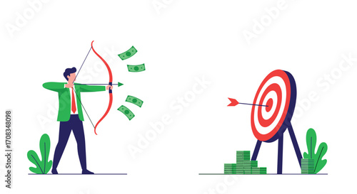 Man shooting arrows at a money target to achieve financial goals.