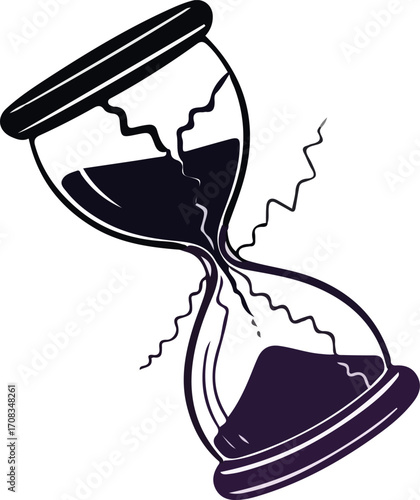 Broken hourglass with dark sand isolated on white background, symbolizing the passage of time and urgency
