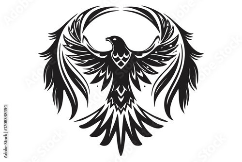 Isolated tribal phoenix silhouette illustration depicts rising powerful mythical bird with detailed feather patterns