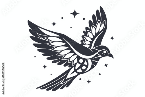 Intricate monochrome bird soars with stars, its wings patterned beautifully against white