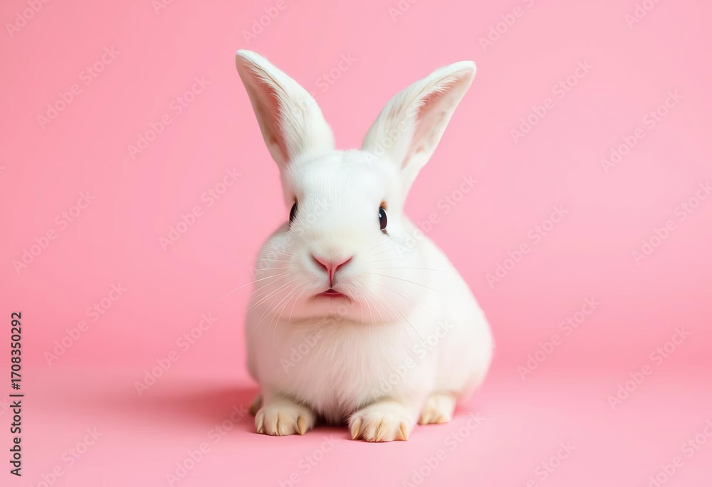 Obraz premium Smiling white bunny sitting on pink background, studio, soft