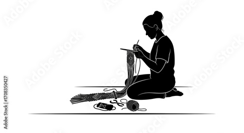 Creative woman diligently crafting macrame art with yarn and tools, embracing a peaceful hobby