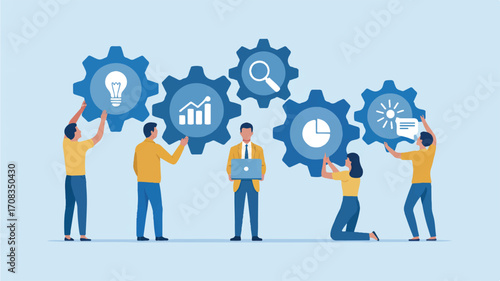 Vector art of teamwork and collaboration concept with people holding gears with icons inside