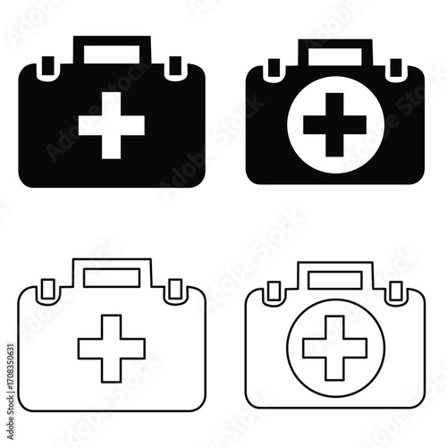 First Aid Kit Box and Medical Briefcase Icon Set – Emergency Healthcare Equipment and Hospital Safety Symbols Vector Illustration.