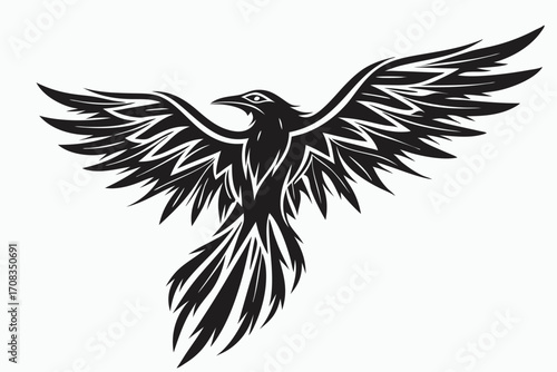Majestic raven soars powerfully, its wings fully extended in a captivating symmetrical monochrome vector