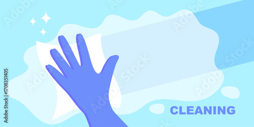 Hand in a purple rubber glove with white cleaning sponge on a blue background with a copy space