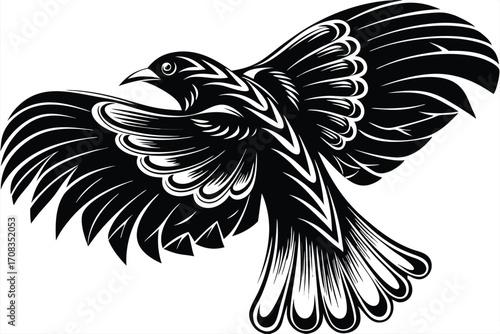 Stylized monochrome bird soars powerfully with ornate wing details in a dynamic pose