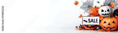 Halloween decorations with pumpkins, spiders, and sale sign create festive . vibrant colors and playful elements evoke excitement for holiday season