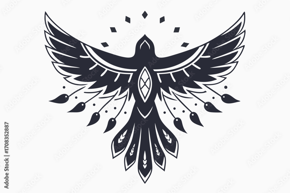 Obraz premium Stylized black bird spreads its wings displaying intricate feather details on a light background