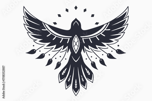Stylized black bird spreads its wings displaying intricate feather details on a light background