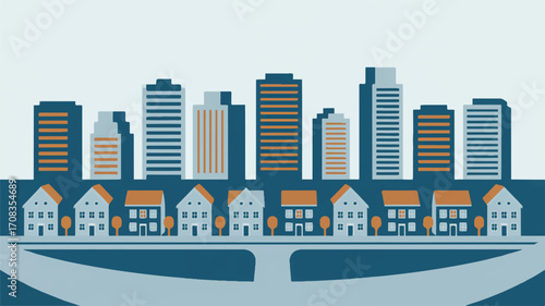 Vector art of cityscape with houses and buildings in blue and orange color scheme