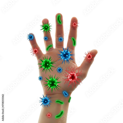 Hand covered in germs and bacteria, illustrating the importance of hygiene
