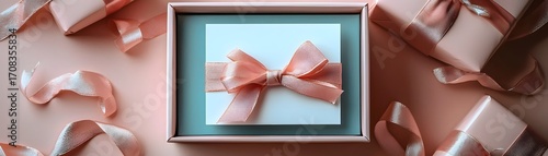 Elegant pink satin ribbon tied around a gift card inside an open box