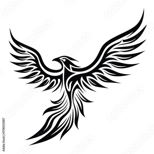 Tribal phoenix silhouette boldly soars with outstretched wings, creating a simple yet powerful image