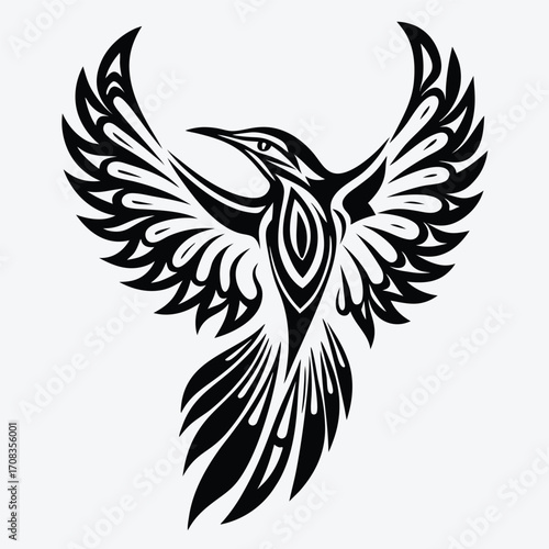 Tribal bird takes flight with wings spread in bold black pattern on display