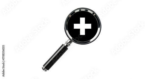 Isolated black handled magnifying glass displaying a plus symbol within the lens