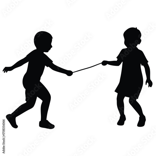 Two children silhouettes playing tug of war with a rope on a white background kids