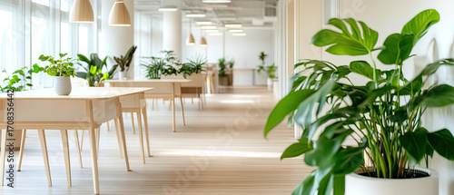 Spacious coworking area with natural light, plants, and modern furniture. design promotes productivity and comfort, creating ideal workspace for collaboration