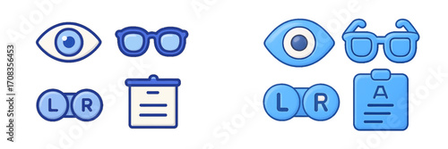Visual representations of eye health concepts featuring eye symbols and eyewear icons on a clean background