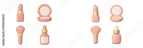 Collection of pink cosmetics including lipsticks, compact mirrors, and skincare bottles on a white background