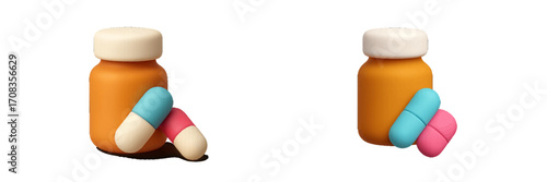 Colorful capsules and bottle arranged on a neutral background showcasing vibrant medication design