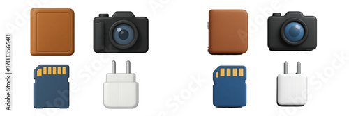 Collection of camera and technology icons including memory cards and chargers displayed in a digital arrangement