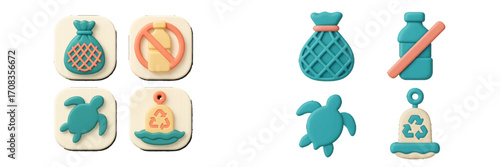 Educational symbols for environmental awareness focusing on plastic pollution reduction